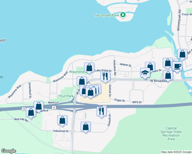 map of restaurants, bars, coffee shops, grocery stores, and more near 2232 West Broadway in Madison