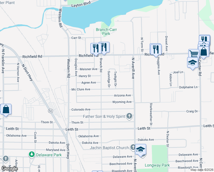 map of restaurants, bars, coffee shops, grocery stores, and more near 3130 Mc Clure Avenue in Flint