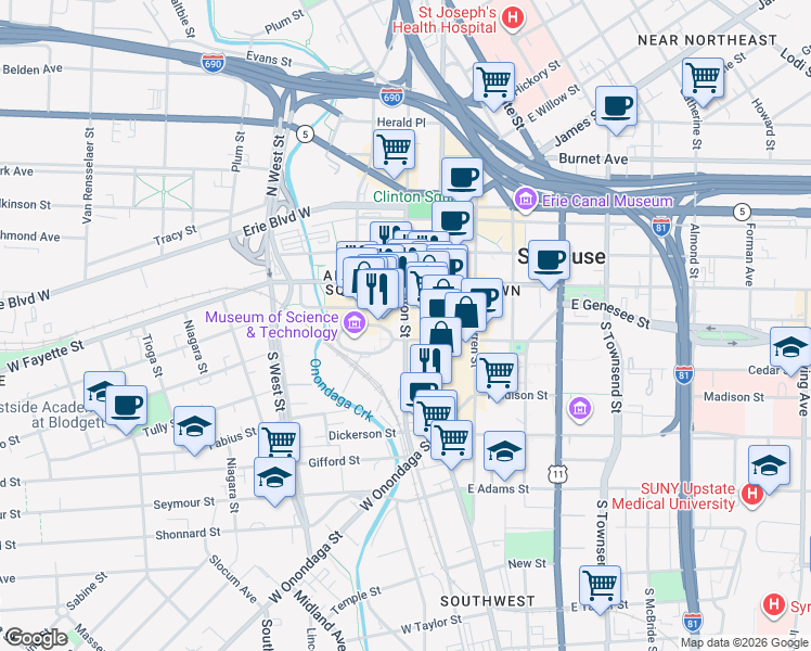 map of restaurants, bars, coffee shops, grocery stores, and more near 429 South Clinton Street in Syracuse