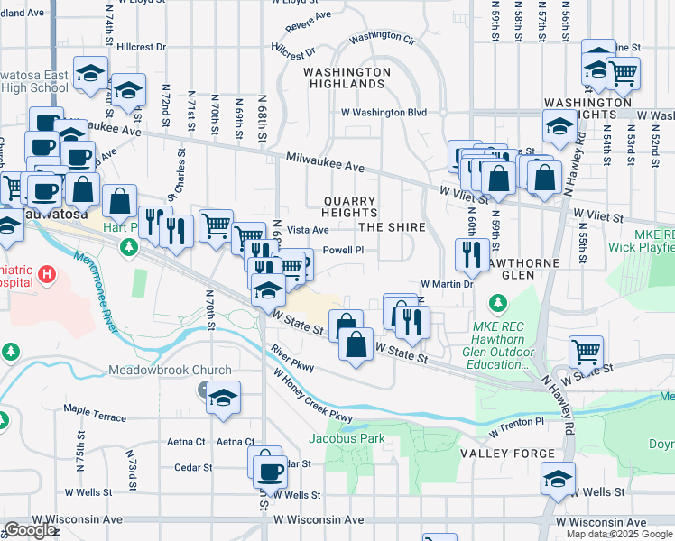 map of restaurants, bars, coffee shops, grocery stores, and more near 1250 North 68th Street in Wauwatosa