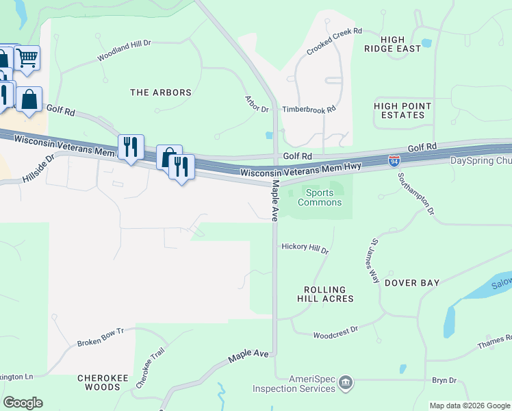 map of restaurants, bars, coffee shops, grocery stores, and more near 501 Maple Ave in Delafield