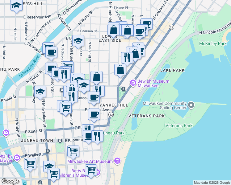 map of restaurants, bars, coffee shops, grocery stores, and more near 1321 North Franklin Place in Milwaukee