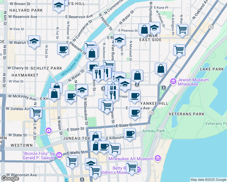 map of restaurants, bars, coffee shops, grocery stores, and more near 1318 North Van Buren Street in Milwaukee