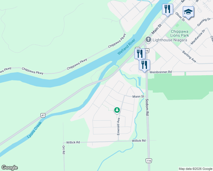 map of restaurants, bars, coffee shops, grocery stores, and more near 4568 Lyon's Parkway in Niagara Falls