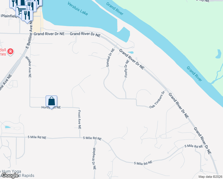 map of restaurants, bars, coffee shops, grocery stores, and more near 4670 Sundial Drive Northeast in Grand Rapids