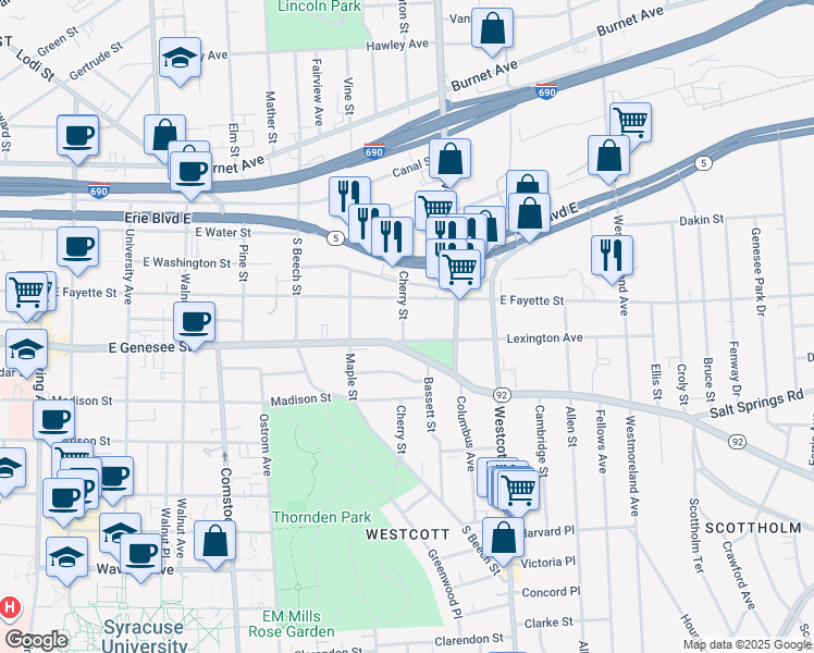 map of restaurants, bars, coffee shops, grocery stores, and more near in Syracuse