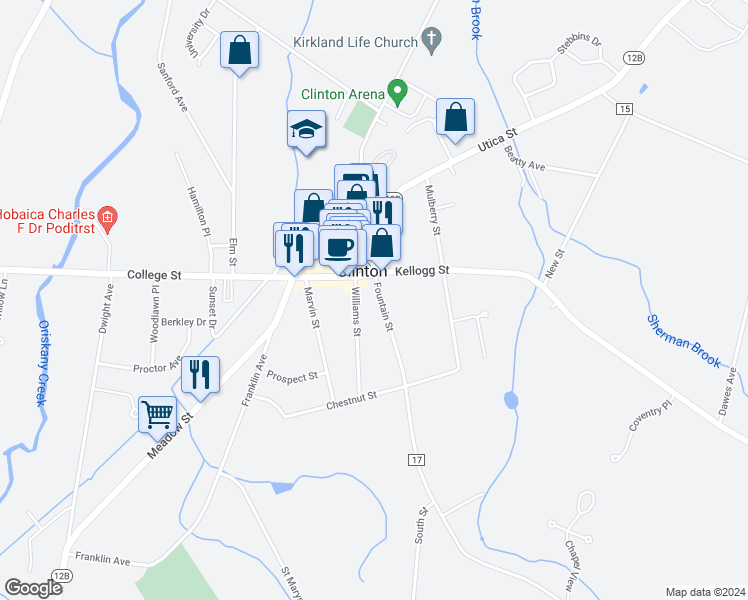 map of restaurants, bars, coffee shops, grocery stores, and more near 8 Fountain Street in Clinton