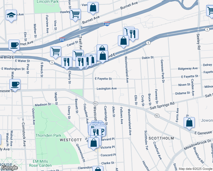 map of restaurants, bars, coffee shops, grocery stores, and more near 326 Lexington Avenue in Syracuse