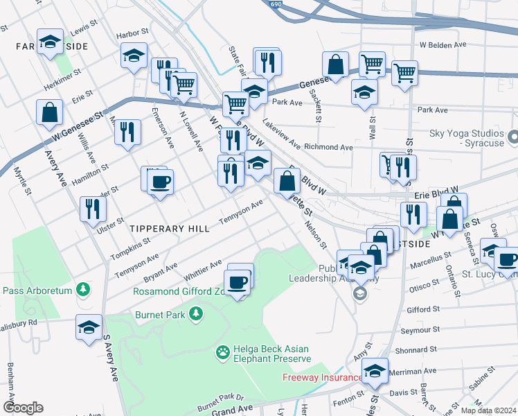 map of restaurants, bars, coffee shops, grocery stores, and more near 209 South Lowell Avenue in Syracuse