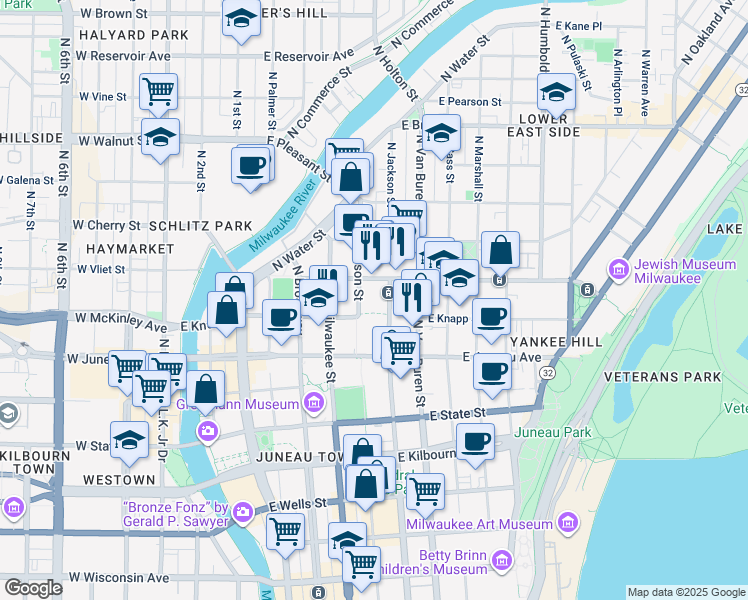 map of restaurants, bars, coffee shops, grocery stores, and more near 1319 North Jackson Street in Milwaukee