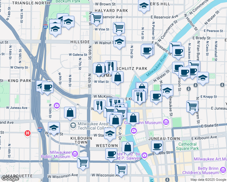 map of restaurants, bars, coffee shops, grocery stores, and more near 1253 North Old World 3rd Street in Milwaukee