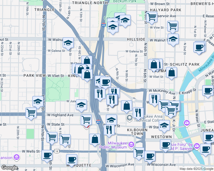 map of restaurants, bars, coffee shops, grocery stores, and more near 1240 North 10th Street in Milwaukee