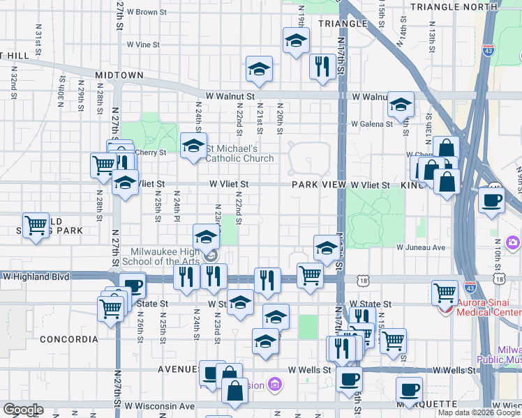 map of restaurants, bars, coffee shops, grocery stores, and more near 2105 West McKinley Avenue in Milwaukee