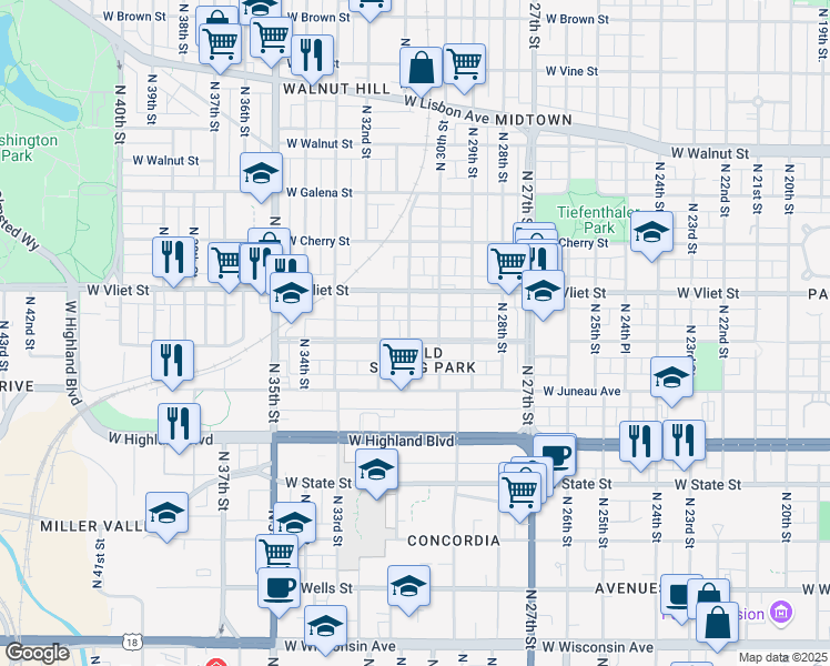 map of restaurants, bars, coffee shops, grocery stores, and more near 1242 North 31st Street in Milwaukee