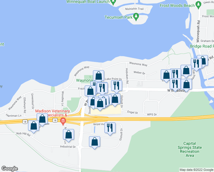 map of restaurants, bars, coffee shops, grocery stores, and more near 2251 County Road BW in Monona