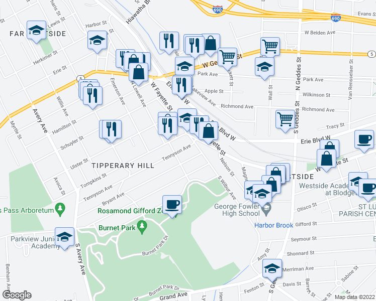 map of restaurants, bars, coffee shops, grocery stores, and more near 125 Tennyson Avenue in Syracuse