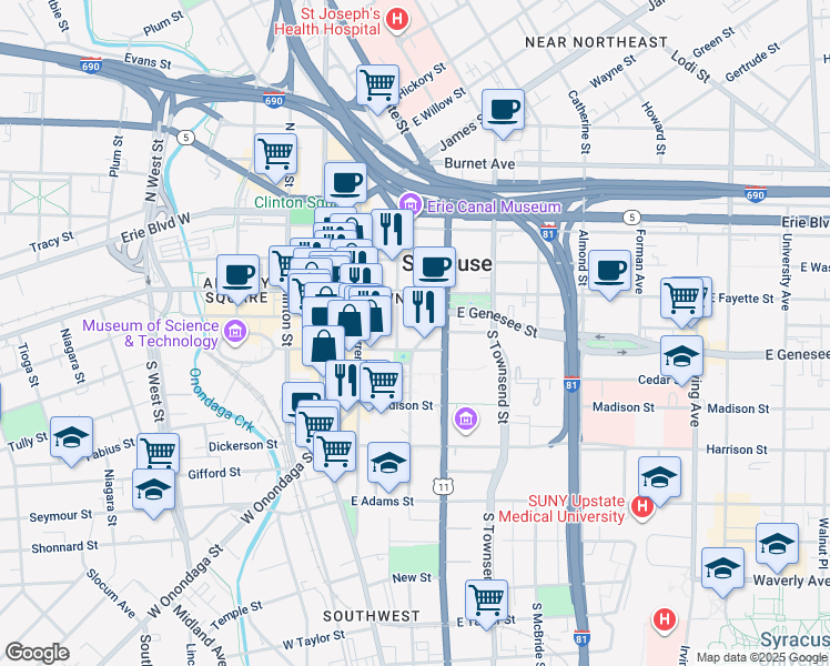 map of restaurants, bars, coffee shops, grocery stores, and more near 360 Montgomery Street in Syracuse