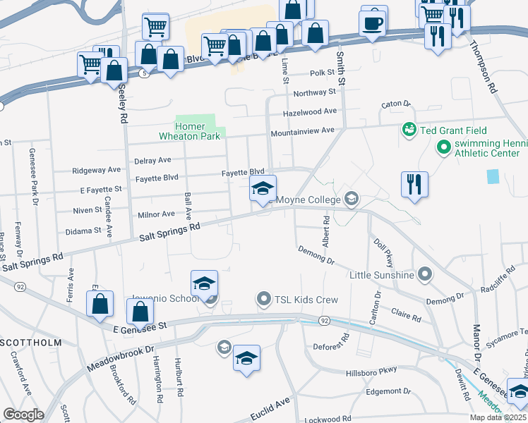 map of restaurants, bars, coffee shops, grocery stores, and more near 1130 Salt Springs Road in Syracuse