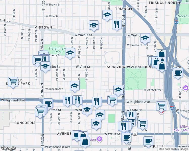 map of restaurants, bars, coffee shops, grocery stores, and more near 2105 West McKinley Avenue in Milwaukee