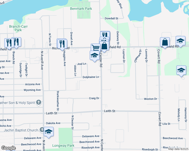 map of restaurants, bars, coffee shops, grocery stores, and more near 3825 Dolphaine Lane in Flint