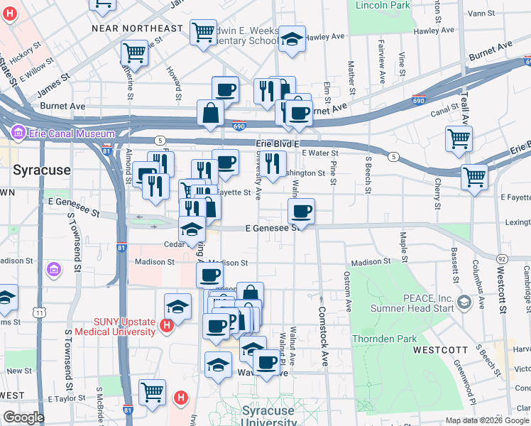 map of restaurants, bars, coffee shops, grocery stores, and more near 325 University Avenue in Syracuse