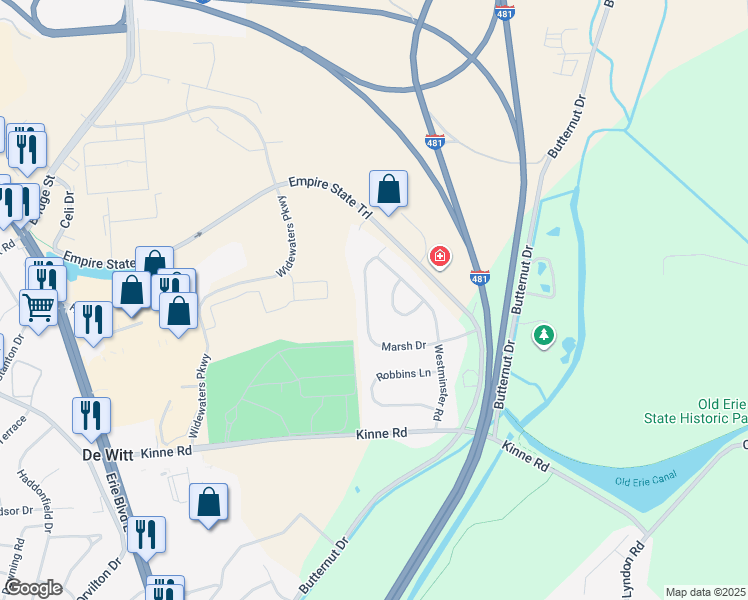 map of restaurants, bars, coffee shops, grocery stores, and more near 230 Marsh Drive in Syracuse