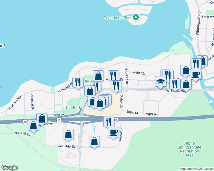 map of restaurants, bars, coffee shops, grocery stores, and more near 2230 West Broadway in Madison