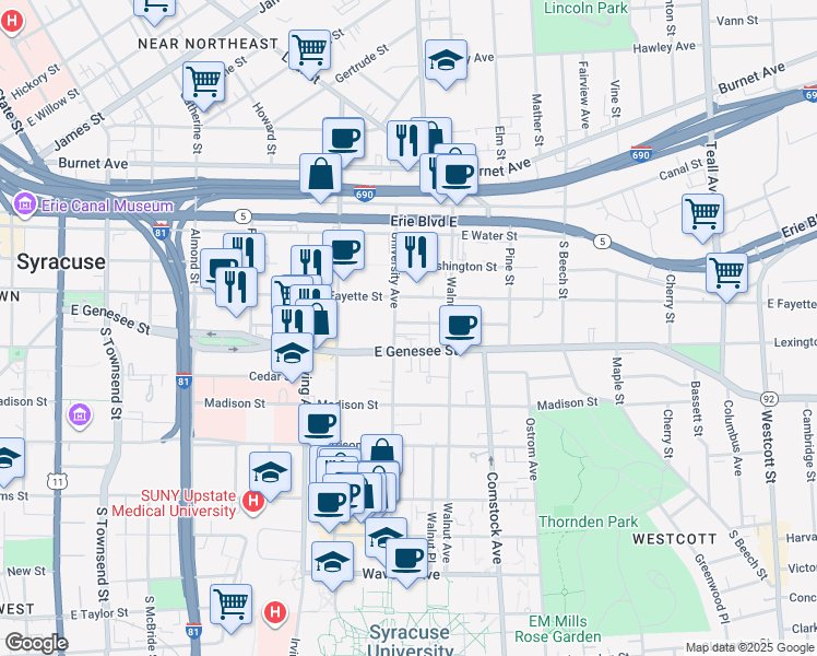 map of restaurants, bars, coffee shops, grocery stores, and more near 325 University Avenue in Syracuse