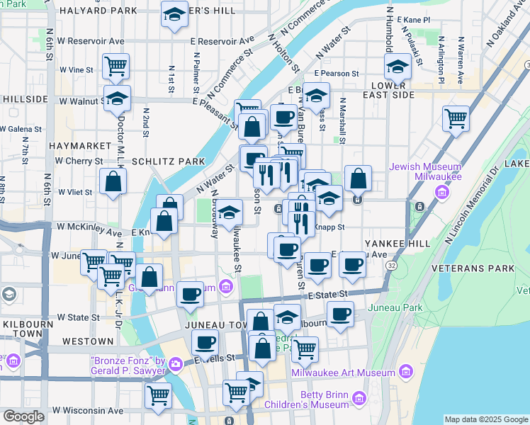 map of restaurants, bars, coffee shops, grocery stores, and more near 1319 North Jackson Street in Milwaukee