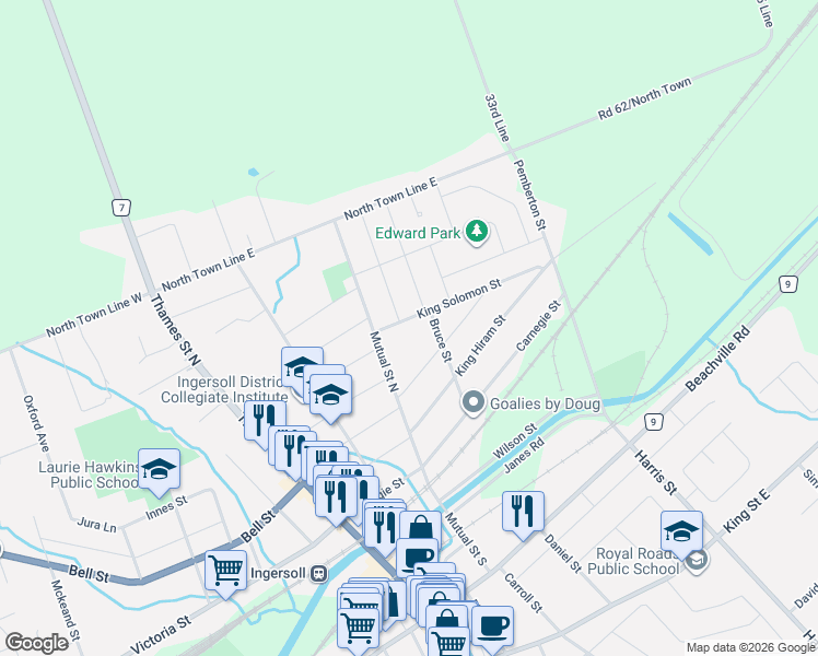map of restaurants, bars, coffee shops, grocery stores, and more near 116 King Solomon Street in Ingersoll