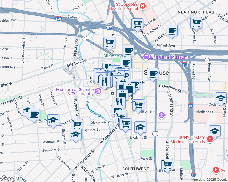 map of restaurants, bars, coffee shops, grocery stores, and more near 415 South Clinton Street in Syracuse