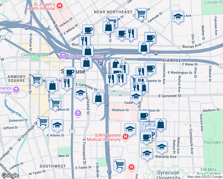 map of restaurants, bars, coffee shops, grocery stores, and more near 717 East Genesee Street in Syracuse