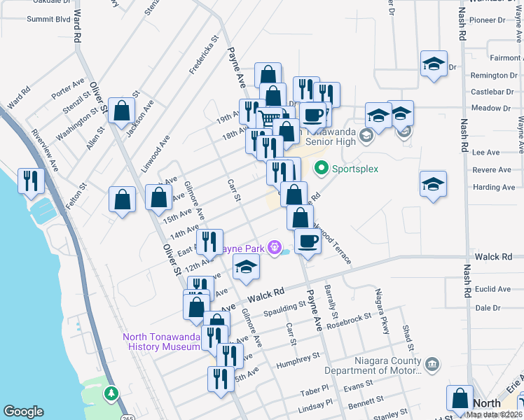 map of restaurants, bars, coffee shops, grocery stores, and more near 309 East Avenue in North Tonawanda