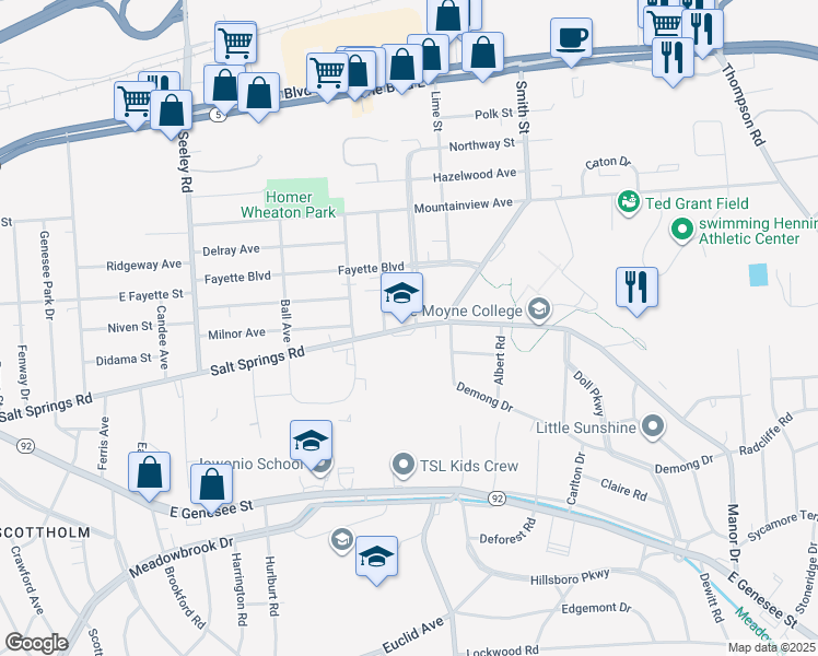map of restaurants, bars, coffee shops, grocery stores, and more near 1130 Salt Springs Road in Syracuse