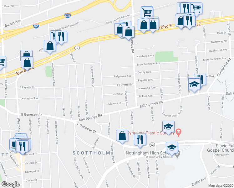 map of restaurants, bars, coffee shops, grocery stores, and more near 150 Niven Street in Syracuse