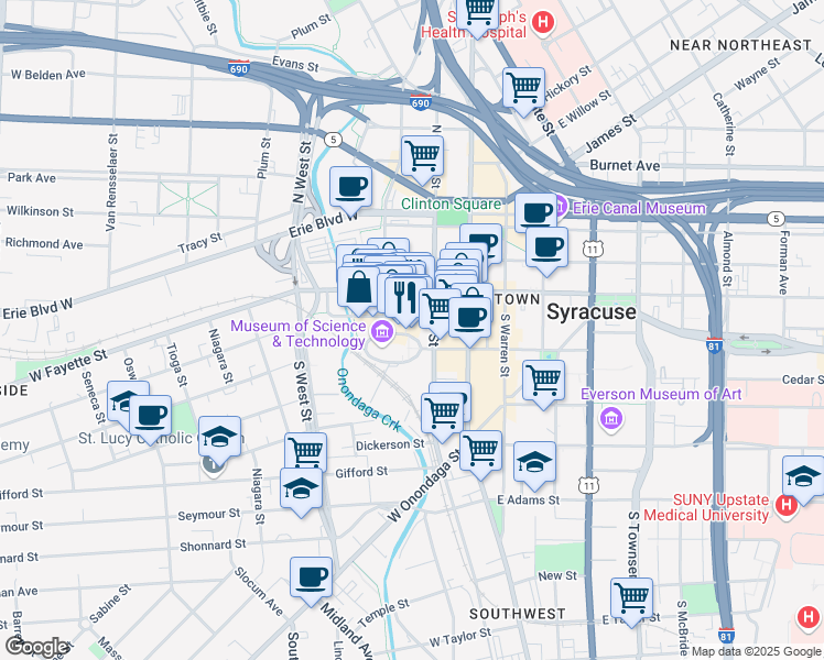 map of restaurants, bars, coffee shops, grocery stores, and more near 500 South Franklin Street in Syracuse