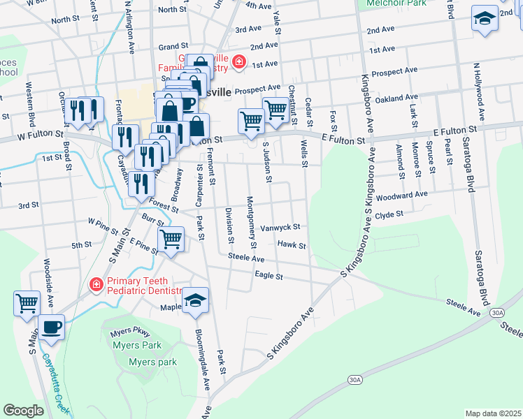 map of restaurants, bars, coffee shops, grocery stores, and more near 7 Vanwyck Street in Gloversville