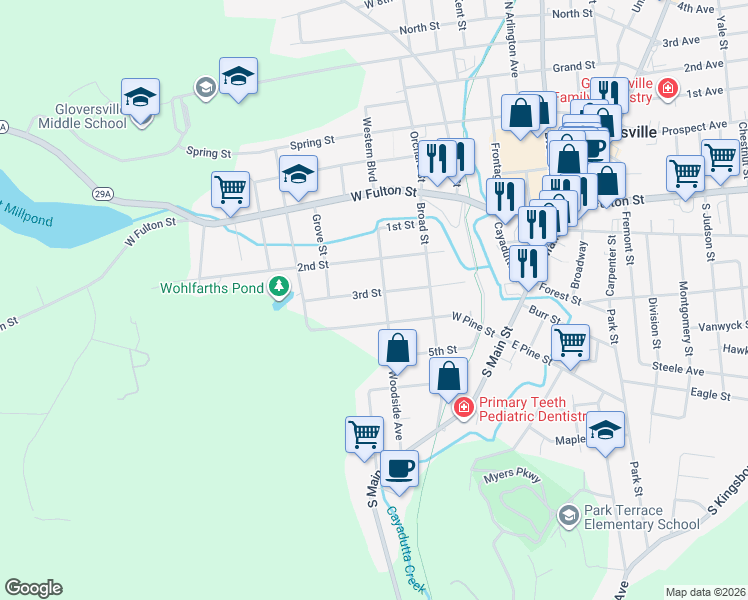 map of restaurants, bars, coffee shops, grocery stores, and more near 66 West Pine Street in Gloversville