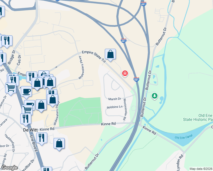 map of restaurants, bars, coffee shops, grocery stores, and more near 230 Marsh Drive in Syracuse