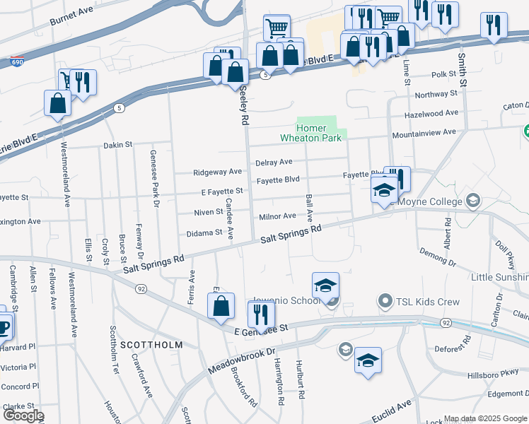 map of restaurants, bars, coffee shops, grocery stores, and more near 118 Milnor Avenue in Syracuse
