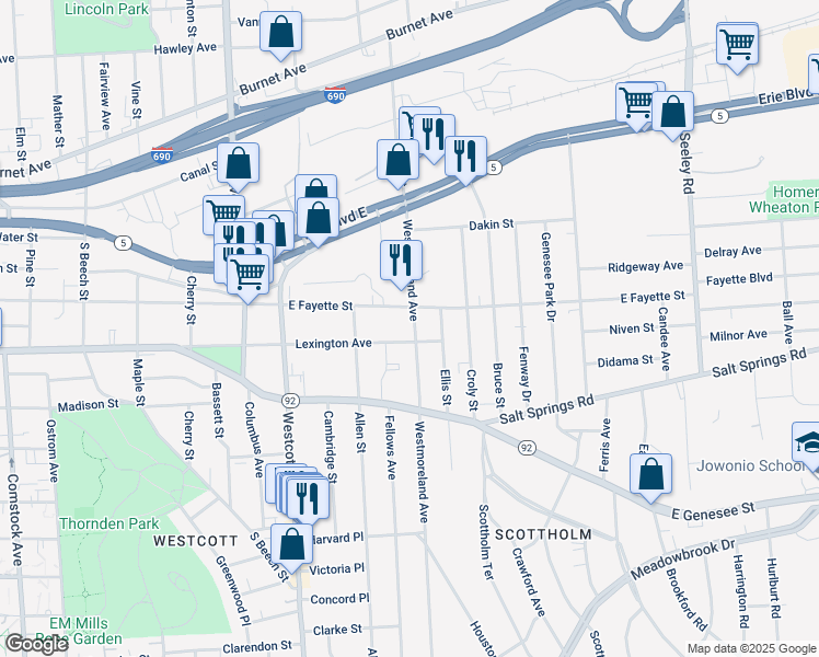 map of restaurants, bars, coffee shops, grocery stores, and more near 409 Westmoreland Avenue in Syracuse
