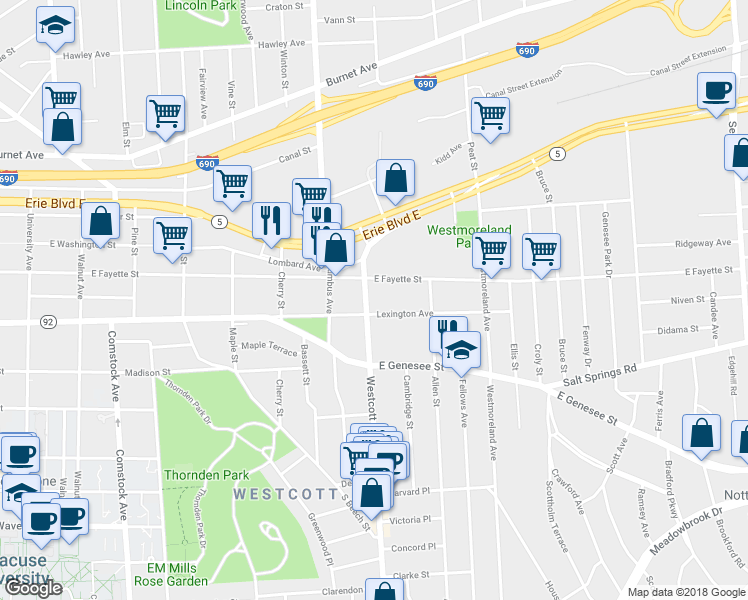 map of restaurants, bars, coffee shops, grocery stores, and more near 306 Lexington Avenue in Syracuse