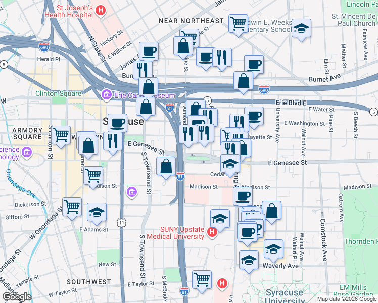 map of restaurants, bars, coffee shops, grocery stores, and more near 717 East Genesee Street in Syracuse