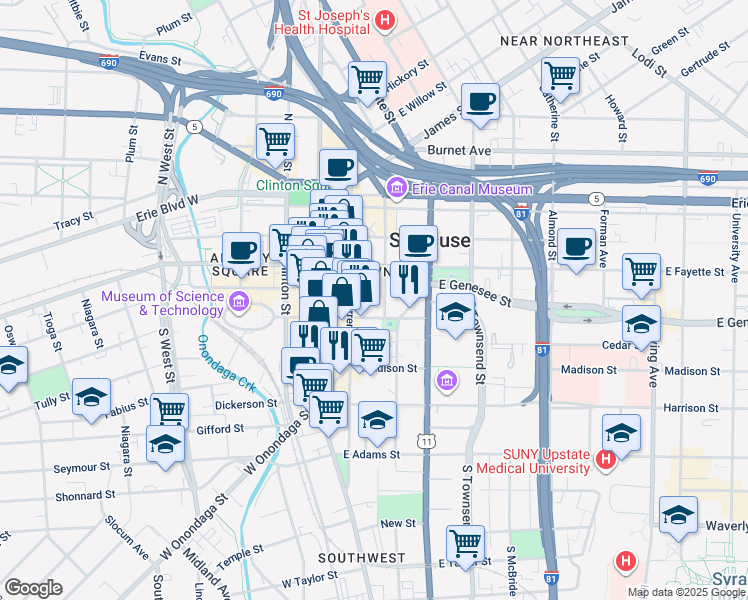 map of restaurants, bars, coffee shops, grocery stores, and more near 204 East Jefferson Street in Syracuse