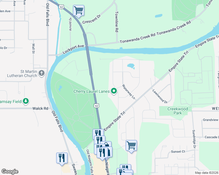 map of restaurants, bars, coffee shops, grocery stores, and more near 59 Tupelo Lane in Buffalo