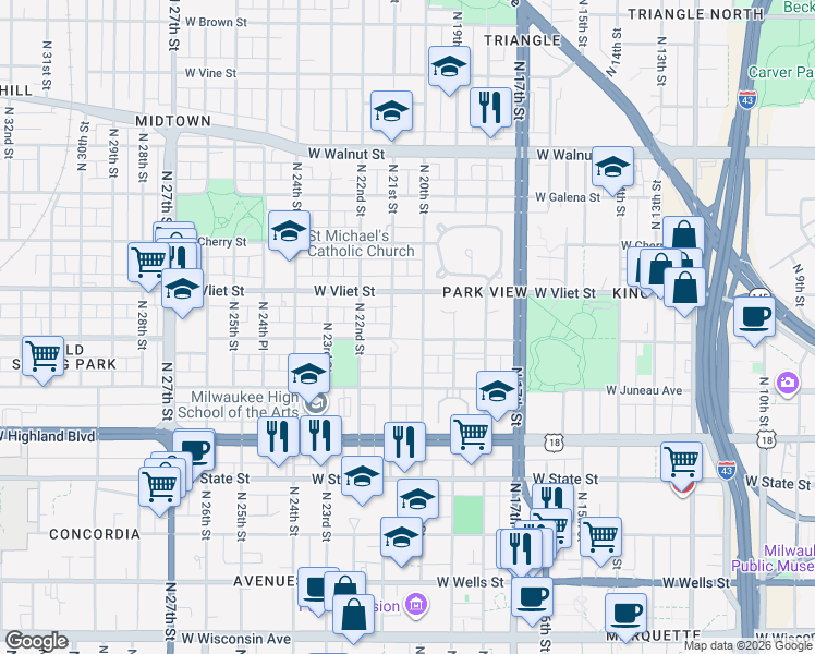 map of restaurants, bars, coffee shops, grocery stores, and more near 2105 West McKinley Avenue in Milwaukee