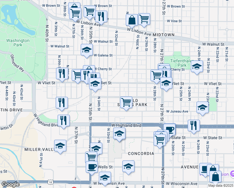 map of restaurants, bars, coffee shops, grocery stores, and more near 3209 West Mc Kinley Boulevard in Milwaukee