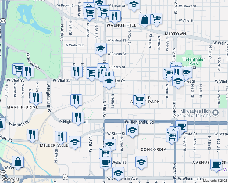 map of restaurants, bars, coffee shops, grocery stores, and more near 1251 North 34th Street in Milwaukee