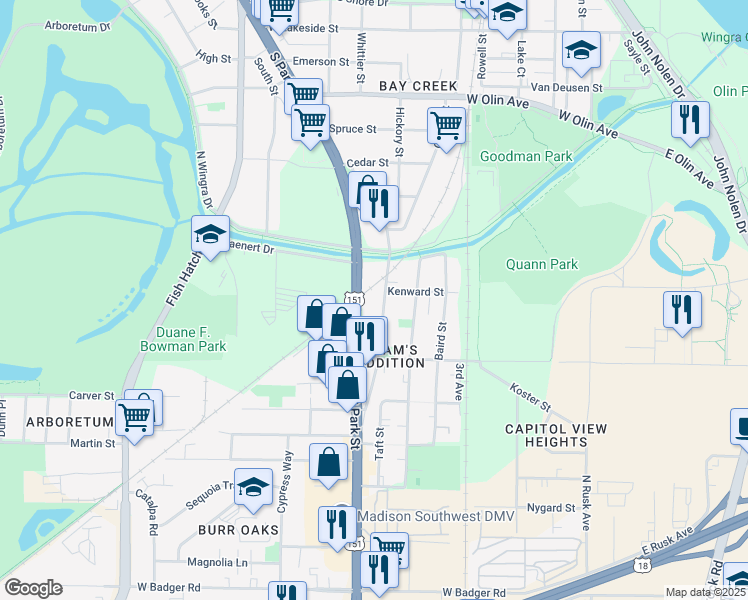map of restaurants, bars, coffee shops, grocery stores, and more near in Madison