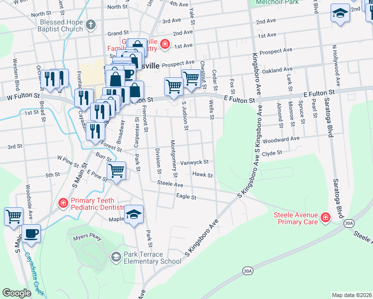 map of restaurants, bars, coffee shops, grocery stores, and more near 7 Vanwyck Street in Gloversville